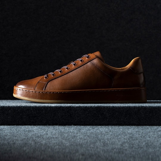 A pair of brown dress shoes with a burnished finish, shown on a dark background. One shoe is displayed upright and the other lying on its side to reveal the polished leather sole.