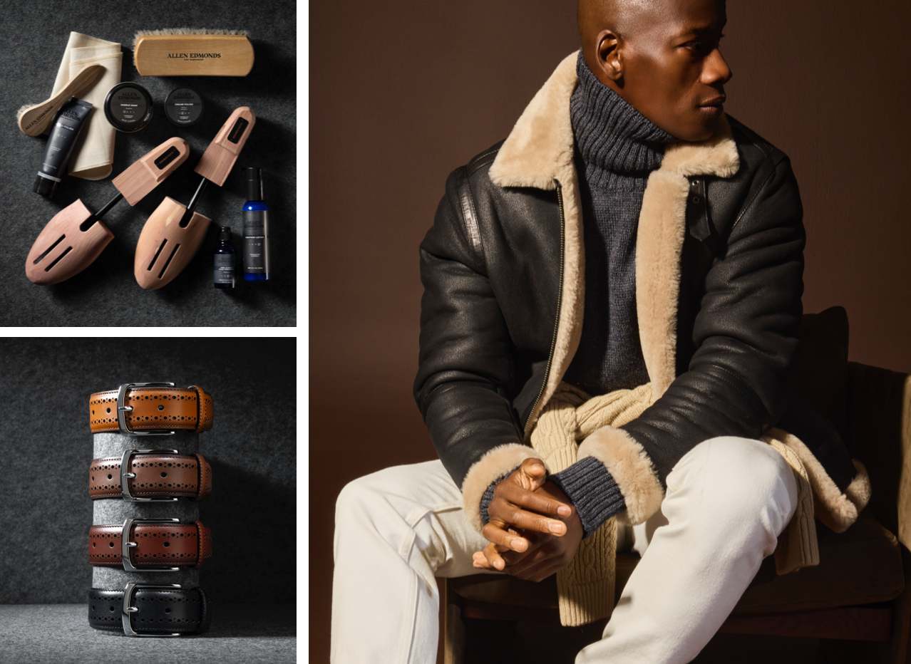 Various shoe care products including shoe trees, polishes, shoe brush, and a polishing cloth. Four men’s leather belts stacked on top of one another. One is black and the other three are various shades of brown. A man sitting in a chair modeling off-white jeans, a gray turtleneck sweater, and a black bomber jacket with a shearling collar.